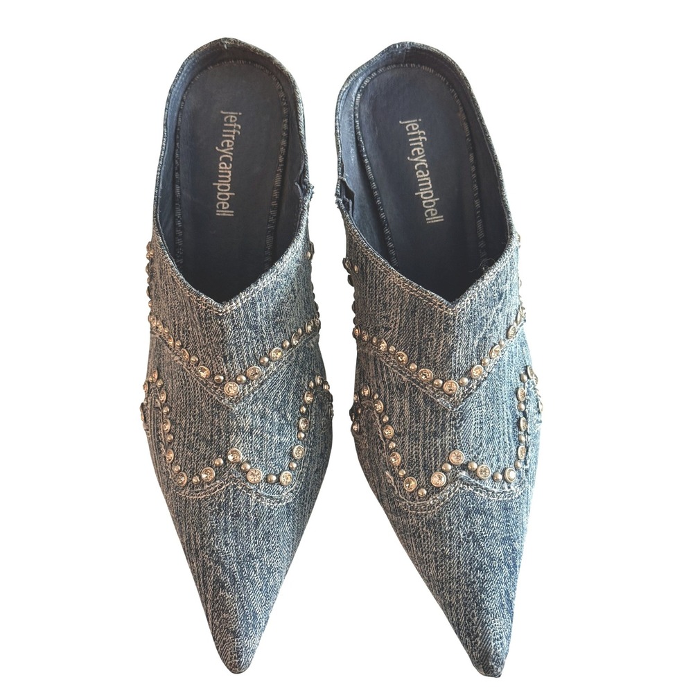 Jeffrey Campbell Rhinestone Western Denim Pointed Toe Mules Blue Size 8 Cotton